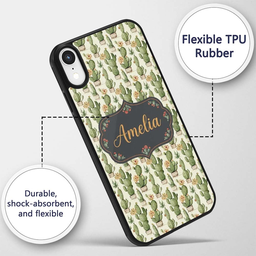Soft Green Cactus with Cream Flower Illustration Custom Name Protective Phone Case Mobile Cover Durable Everyday Smartphone Shock Resistant