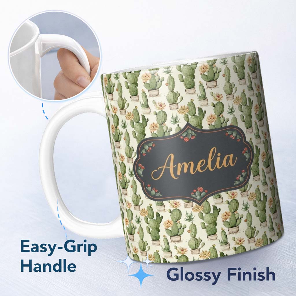 Personalized Custom Name Soft Green Cactus with Cream Flower Illustration Seamless Pattern 11oz Ceramic Coffee Tea Mug White Large Handle