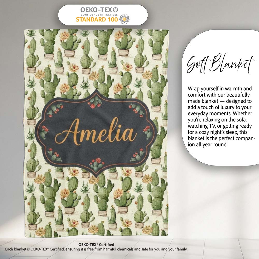 Soft Green Cactus with Cream Flower Illustration Seamless Pattern Personalised Custom Name Super Soft Fleece Blanket Bed Sofa Throw