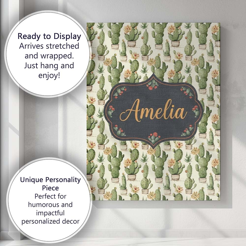 Personalised Name Soft Green Cactus with Custom Unique Gift Idea Elegant Feature Canvas Wall Art Print Decor Picture Ready to Hang