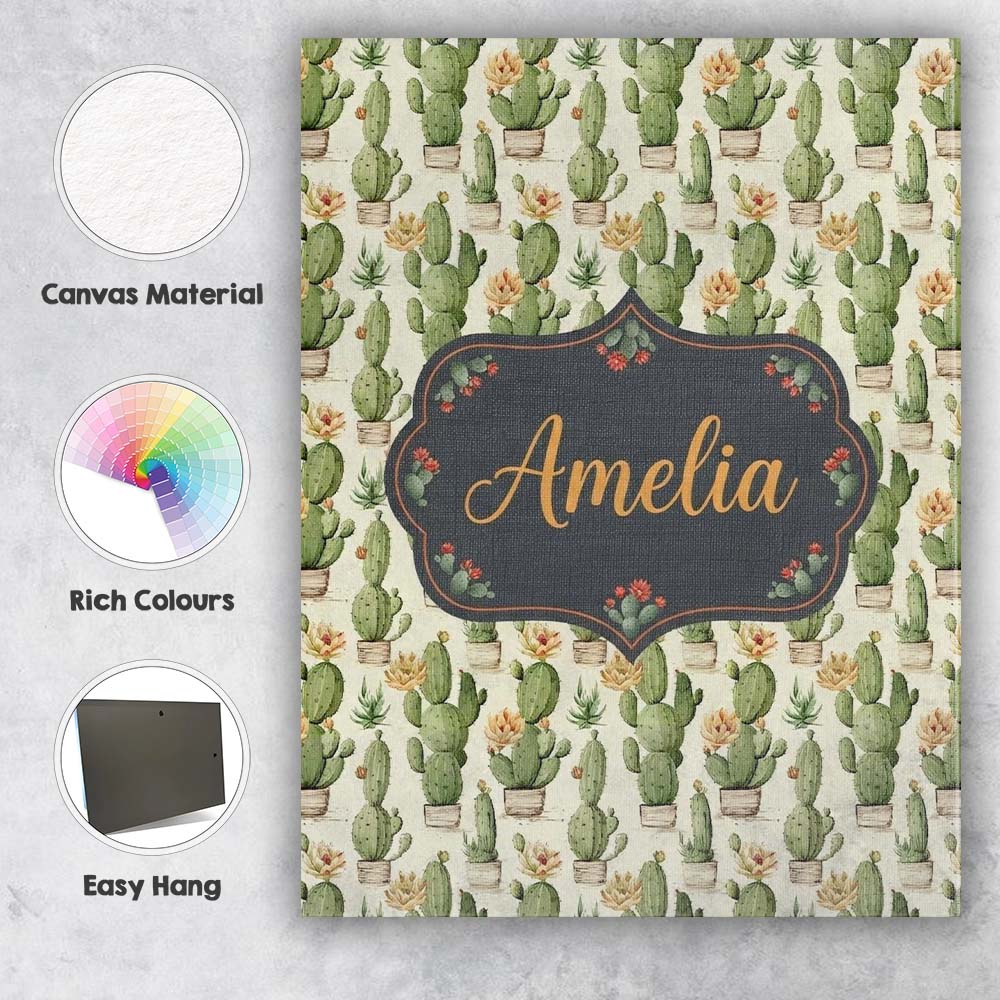 Personalised Name Soft Green Cactus with Custom Unique Gift Idea Elegant Feature Canvas Wall Art Print Decor Picture Ready to Hang