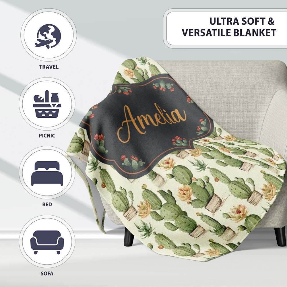 Soft Green Cactus with Cream Flower Illustration Seamless Pattern Personalised Custom Name Super Soft Fleece Blanket Bed Sofa Throw