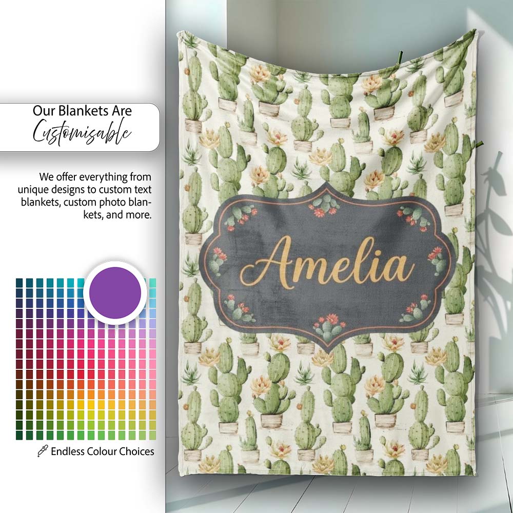 Soft Green Cactus with Cream Flower Illustration Seamless Pattern Personalised Custom Name Super Soft Fleece Blanket Bed Sofa Throw