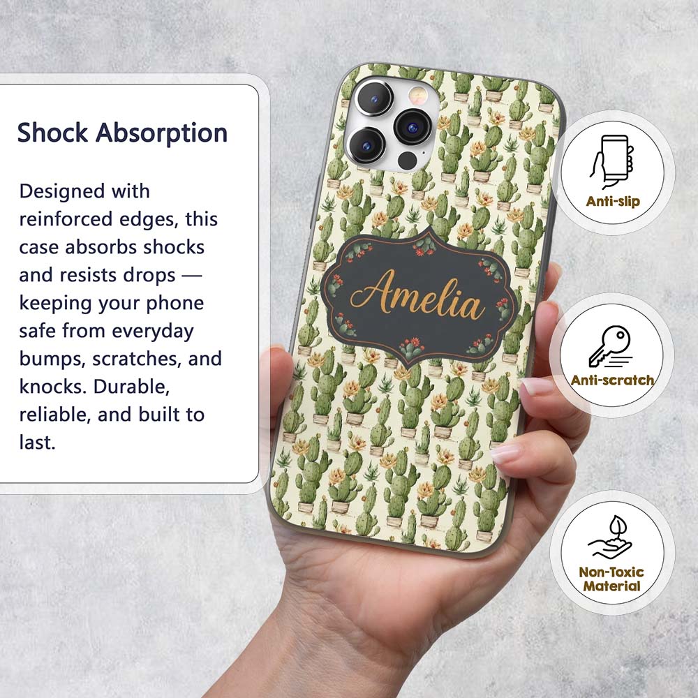 Soft Green Cactus with Cream Flower Illustration Custom Name Protective Phone Case Mobile Cover Durable Everyday Smartphone Shock Resistant