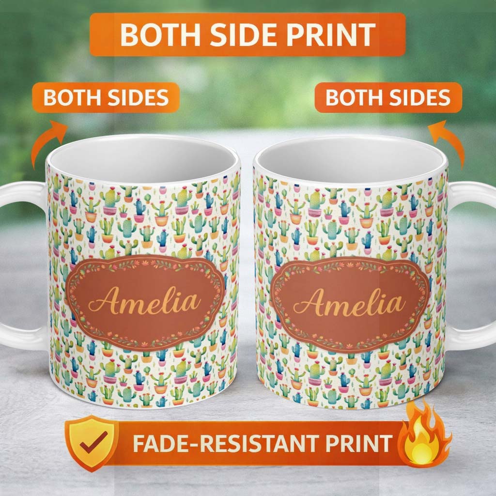 Personalized Custom Name Colourful Watercolor Cactus Pots Fun Seamless Pattern Name Cute 11oz Ceramic Coffee Tea Mug White Large Handle