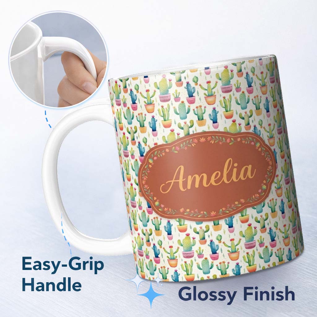 Personalized Custom Name Colourful Watercolor Cactus Pots Fun Seamless Pattern Name Cute 11oz Ceramic Coffee Tea Mug White Large Handle