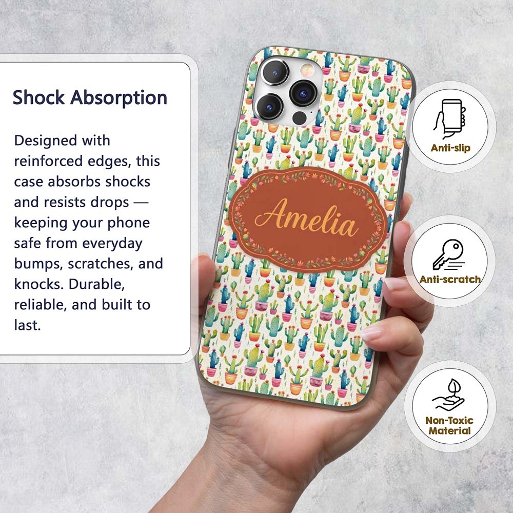 Colourful Watercolor Cactus Pots Fun Seamless Custom Name Protective Phone Case Mobile Cover Durable Everyday Smartphone Shock Resistant