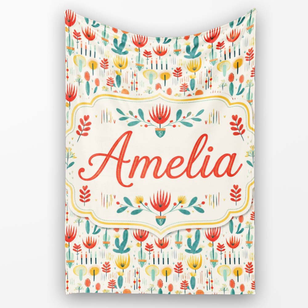 Modern Abstract Desert Plants and Flowers Seamless Pattern Name Cute Personalised Custom Name Super Soft Fleece Blanket Bed Sofa Throw