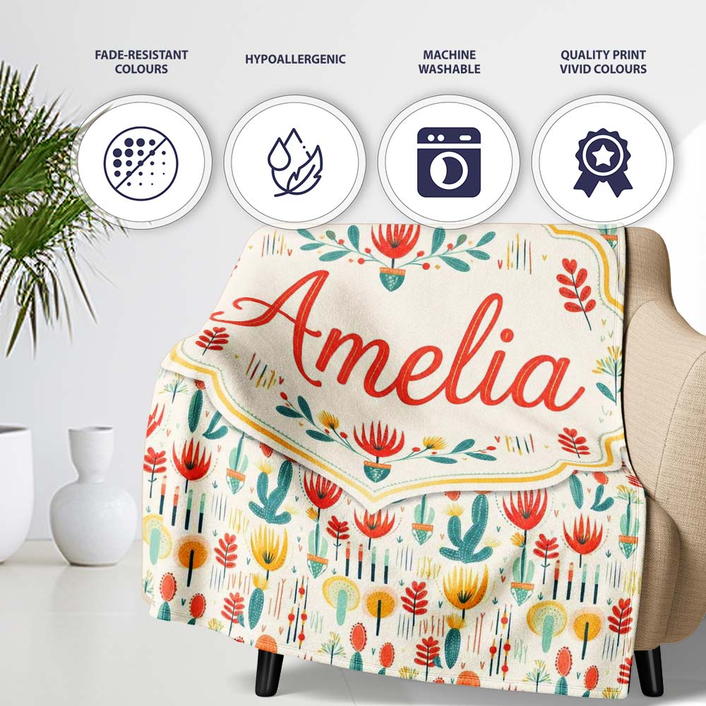 Modern Abstract Desert Plants and Flowers Seamless Pattern Name Cute Personalised Custom Name Super Soft Fleece Blanket Bed Sofa Throw