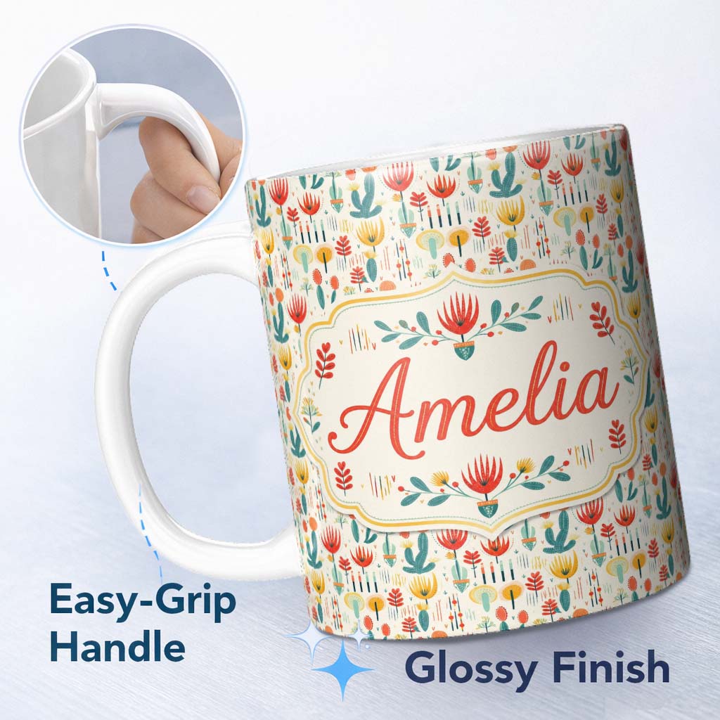 Personalized Custom Name Modern Abstract Desert Plants and Flowers Seamless Pattern Name Cute 11oz Ceramic Coffee Tea Mug White Large Handle
