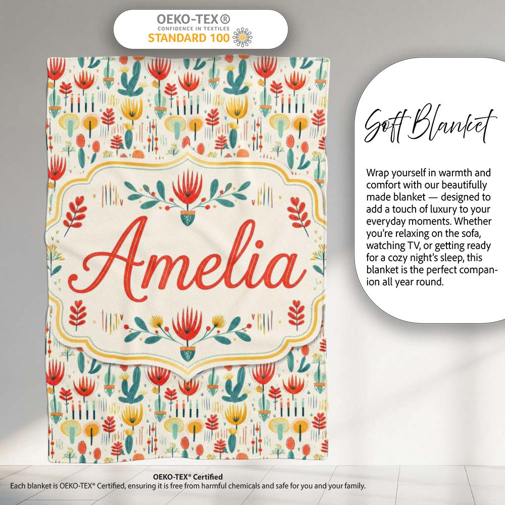 Modern Abstract Desert Plants and Flowers Seamless Pattern Name Cute Personalised Custom Name Super Soft Fleece Blanket Bed Sofa Throw