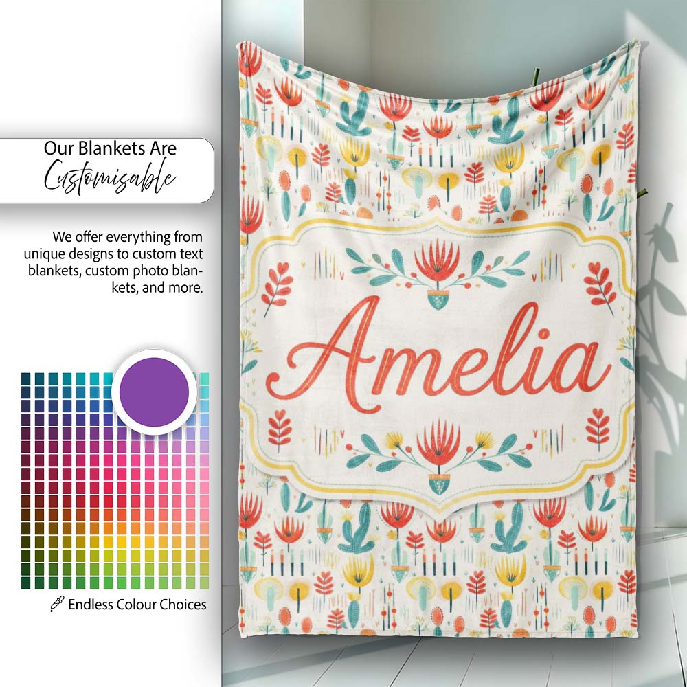 Modern Abstract Desert Plants and Flowers Seamless Pattern Name Cute Personalised Custom Name Super Soft Fleece Blanket Bed Sofa Throw