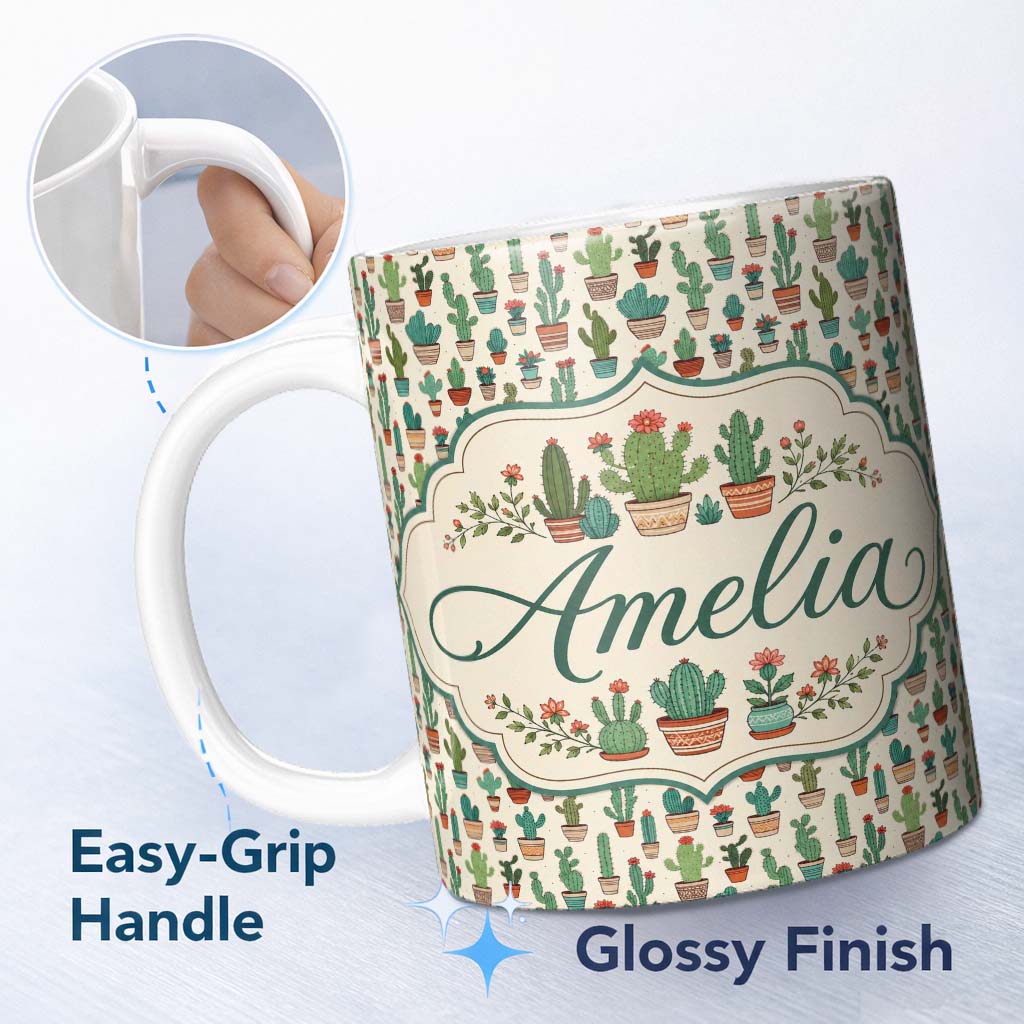 Personalized Custom Name Cute Mixed Potted Cactus Collection on Beige Background Seamless 11oz Ceramic Coffee Tea Mug White Large Handle