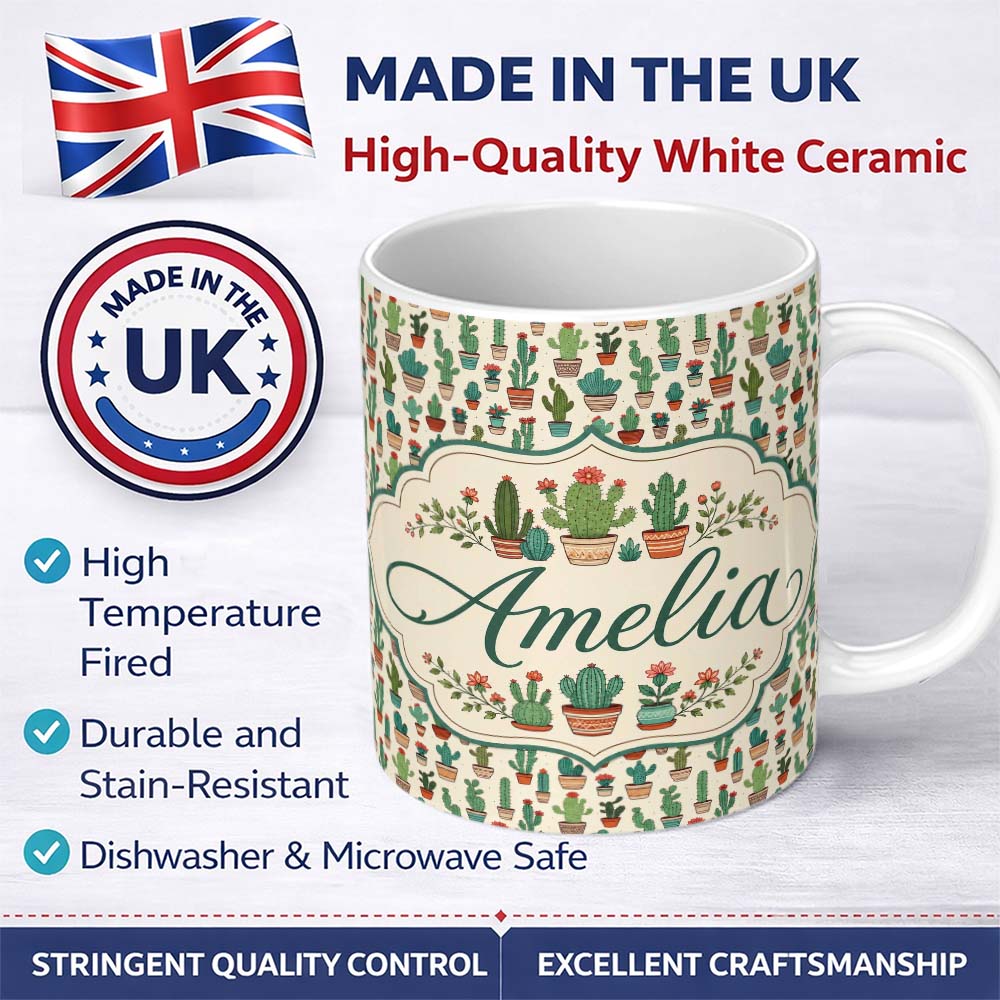 Personalized Custom Name Cute Mixed Potted Cactus Collection on Beige Background Seamless 11oz Ceramic Coffee Tea Mug White Large Handle