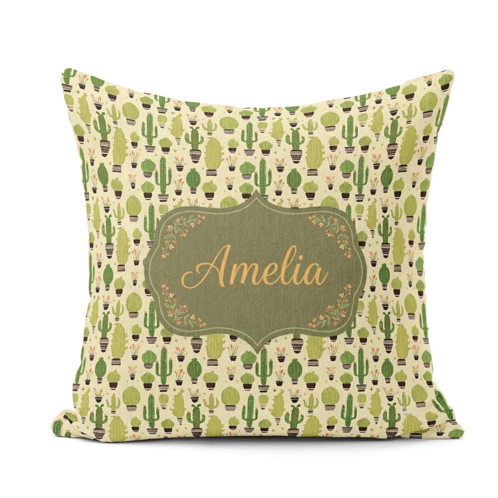 Custom Name Simple Green Cactus and Shapes on Neutral Background Square Filled Cushion Throw Pillow Sofa Bed Home Decor Zip Washable UK Made