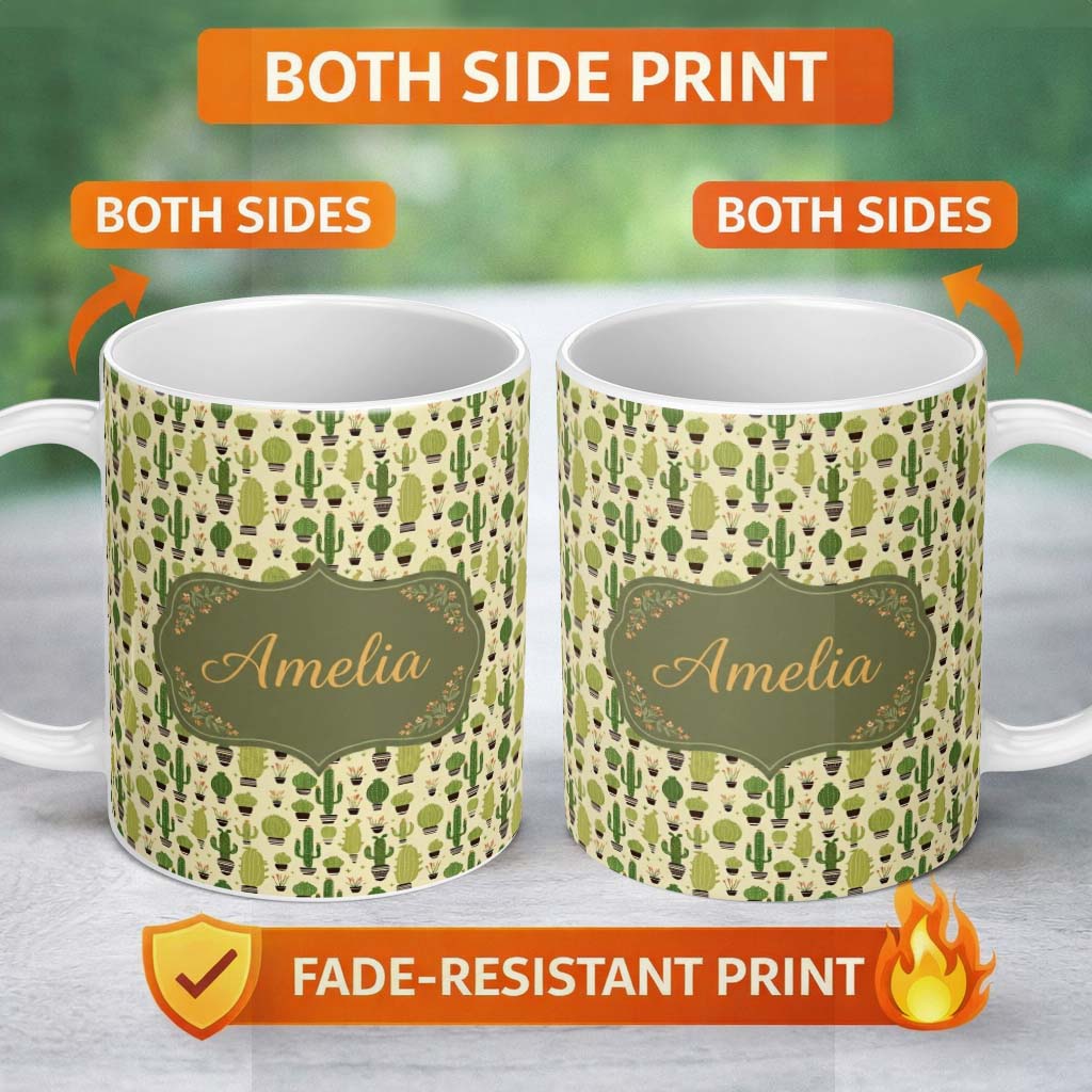 Personalized Custom Name Simple Green Cactus and Succulent Shapes on Neutral Background 11oz Ceramic Coffee Tea Mug White Large Handle