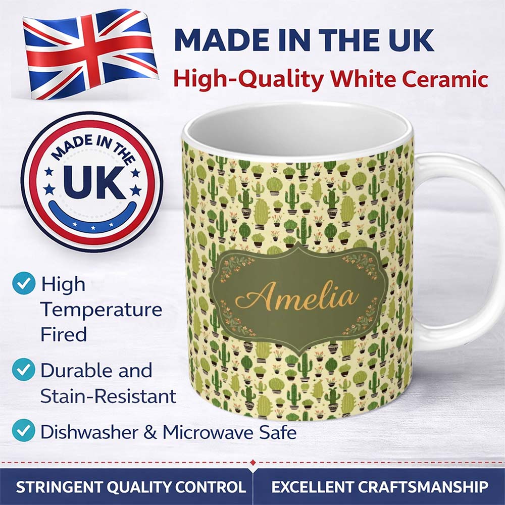 Personalized Custom Name Simple Green Cactus and Succulent Shapes on Neutral Background 11oz Ceramic Coffee Tea Mug White Large Handle