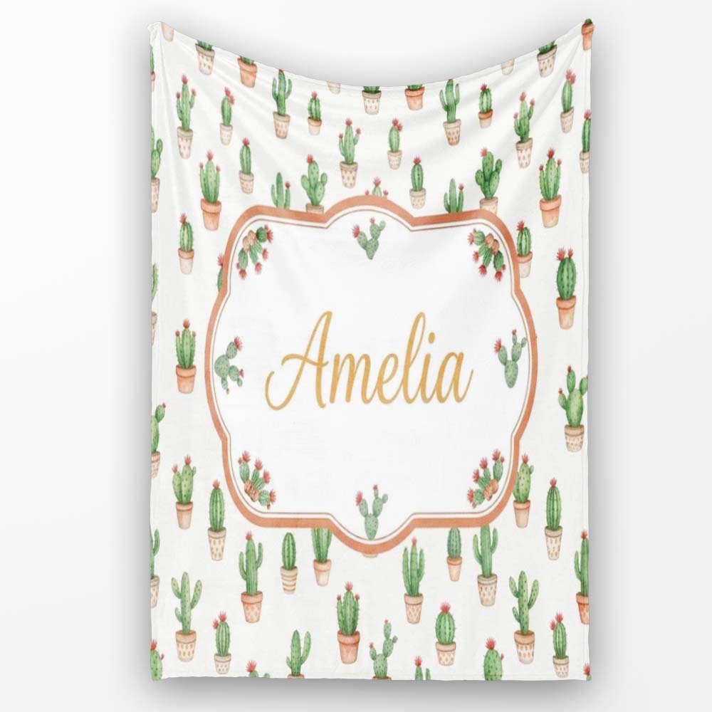 Soft Watercolor Green Cactus Pots Minimal Seamless Pattern Name Cute Personalised Custom Name Super Soft Fleece Blanket Bed Sofa Throw