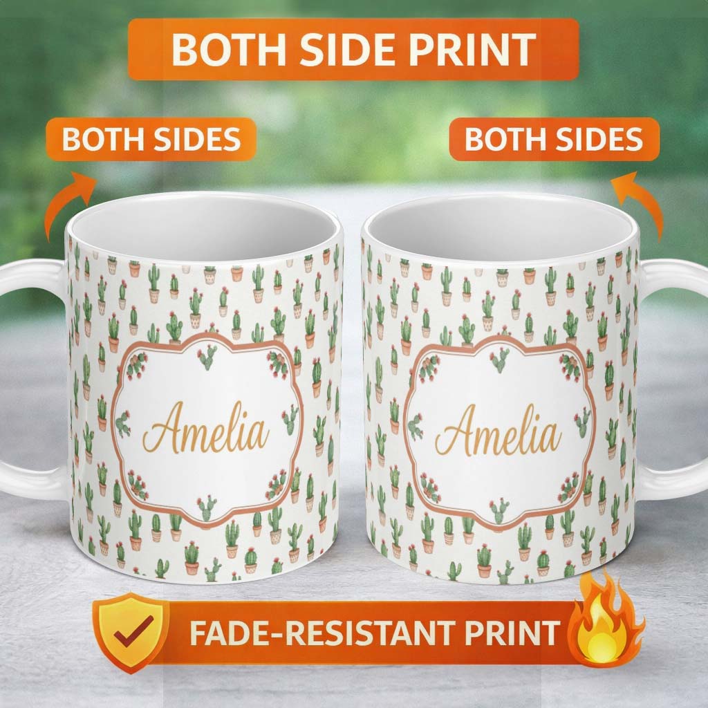Personalized Custom Name Soft Watercolor Green Cactus Pots Minimal Seamless Pattern Name Cute 11oz Ceramic Coffee Tea Mug White Large Handle