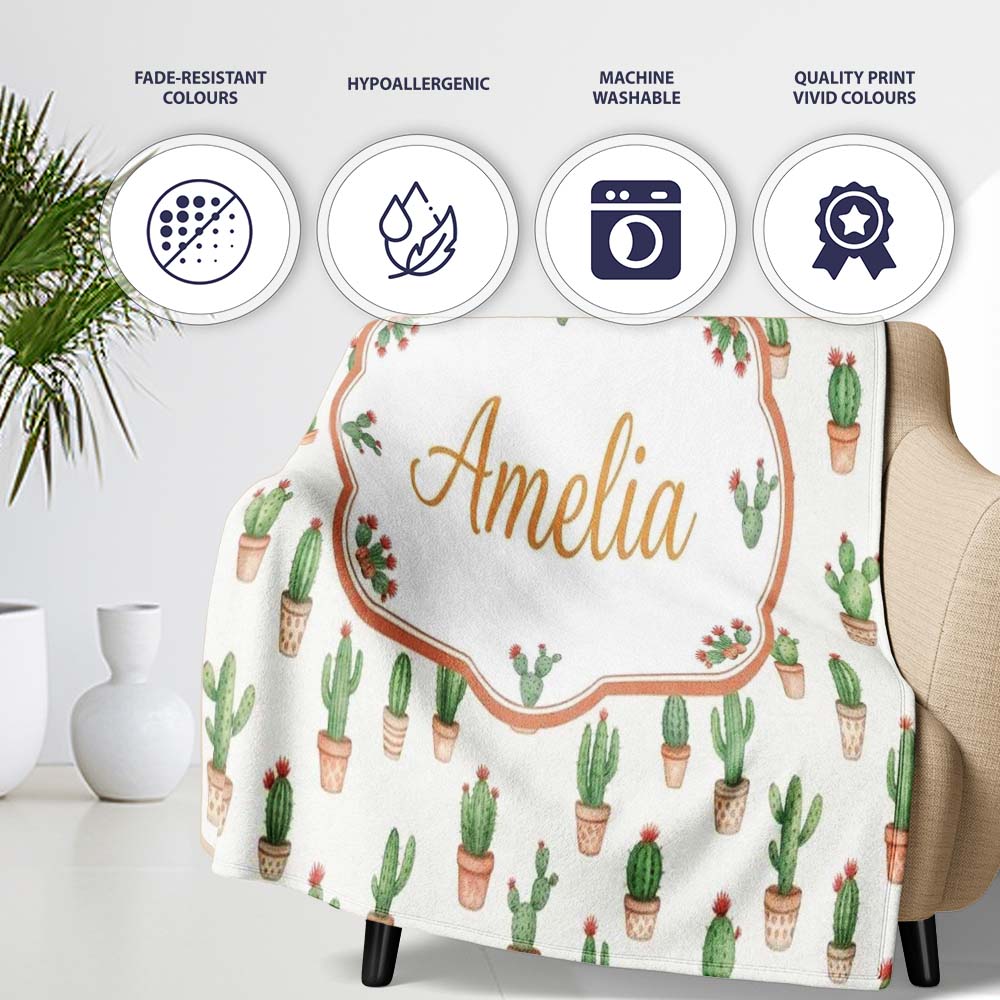 Soft Watercolor Green Cactus Pots Minimal Seamless Pattern Name Cute Personalised Custom Name Super Soft Fleece Blanket Bed Sofa Throw