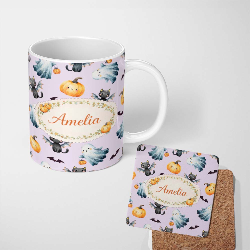 Personalized Custom Name Halloween Ghost Pumpkin Cat Seamless Pattern Lavender Cute Spooky 11oz Ceramic Coffee Tea Mug White Large Handle