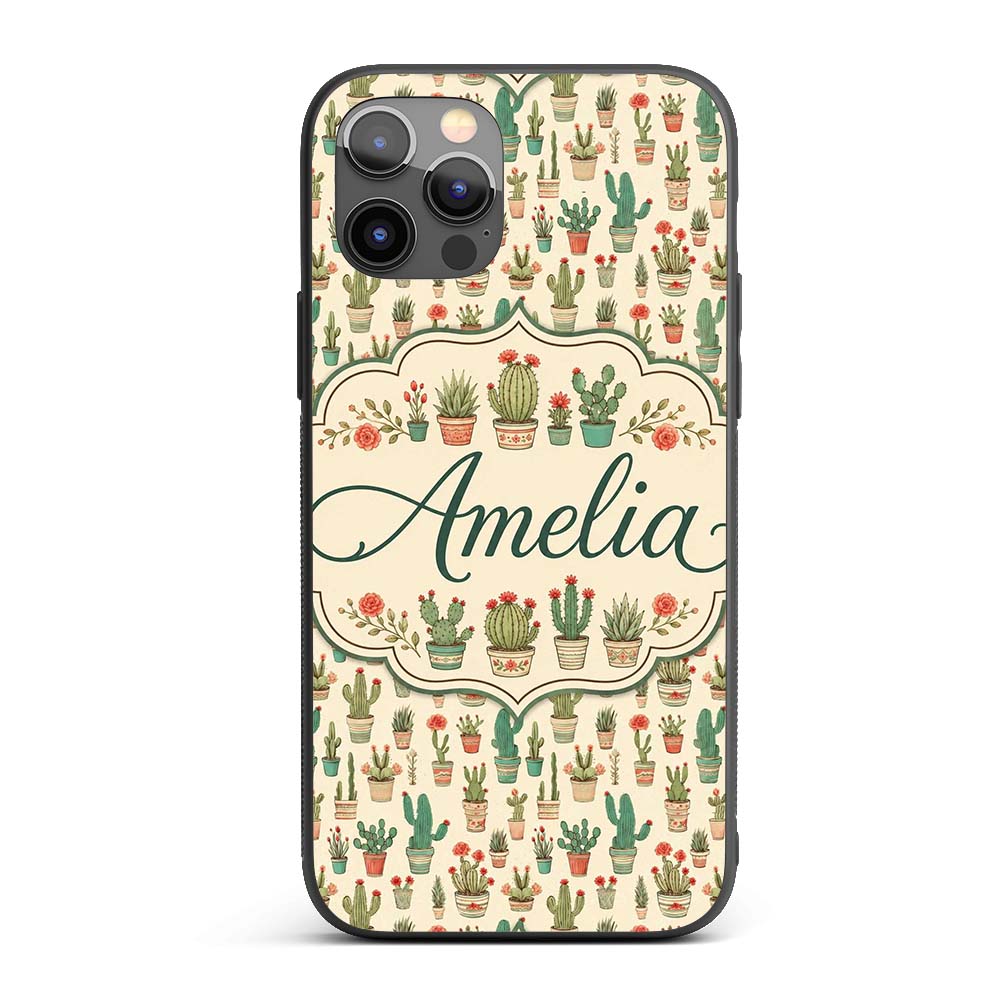 Cute Vintage Style Cactus and Flower Pots Beige Custom Name Protective Phone Case Mobile Cover Durable Everyday Smartphone Shock Resistant