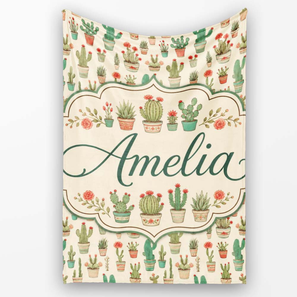 Cute Vintage Style Cactus and Flower Pots Beige Seamless Pattern Personalised Custom Name Super Soft Fleece Blanket Bed Sofa Throw