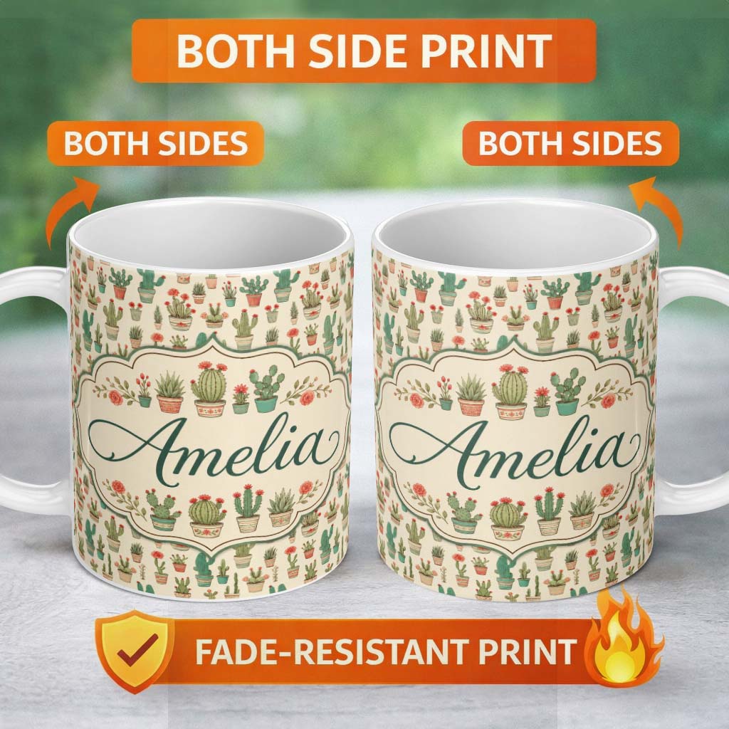 Personalized Custom Name Cute Vintage Style Cactus and Flower Pots Beige Seamless Pattern 11oz Ceramic Coffee Tea Mug White Large Handle