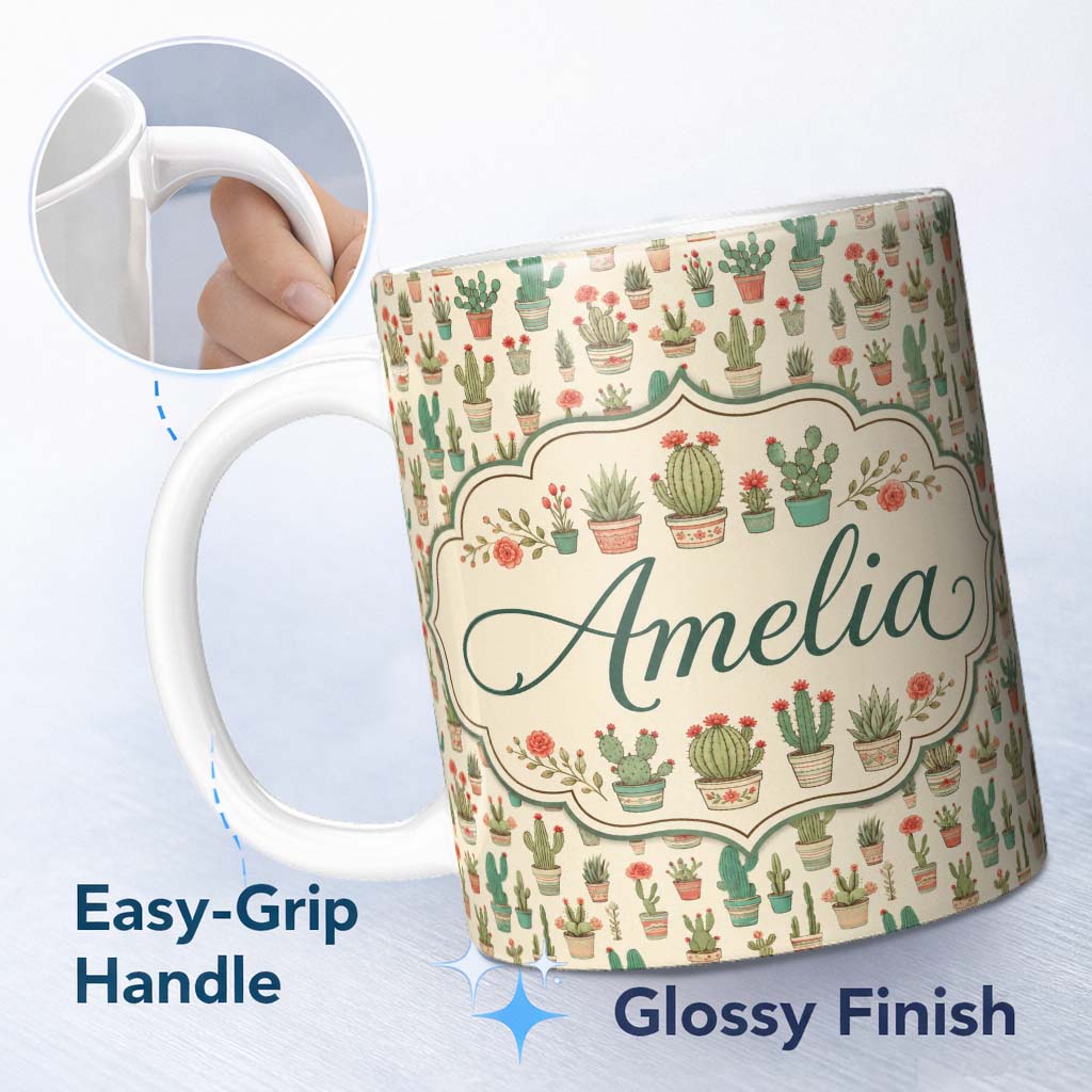 Personalized Custom Name Cute Vintage Style Cactus and Flower Pots Beige Seamless Pattern 11oz Ceramic Coffee Tea Mug White Large Handle