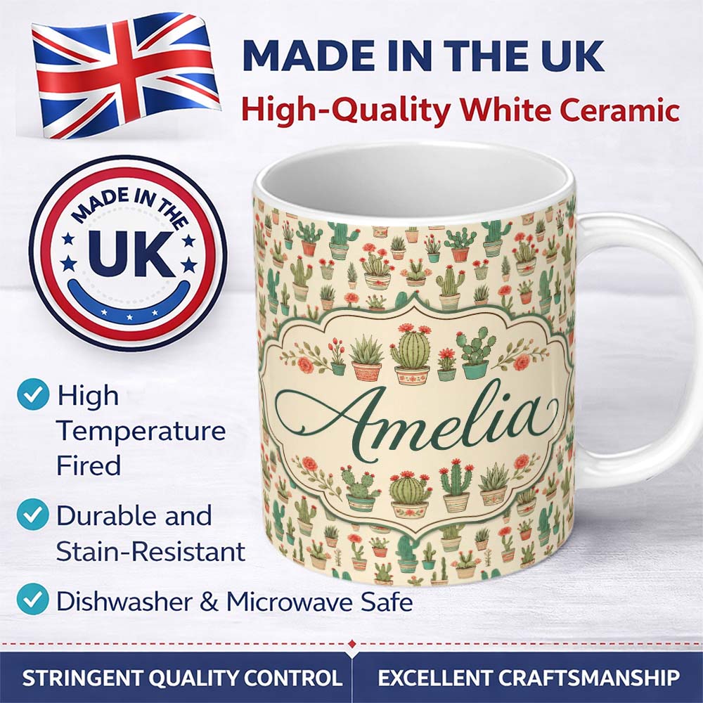 Personalized Custom Name Cute Vintage Style Cactus and Flower Pots Beige Seamless Pattern 11oz Ceramic Coffee Tea Mug White Large Handle