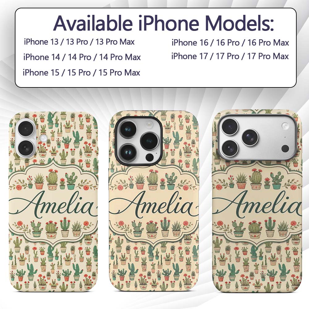 Cute Vintage Style Cactus and Flower Pots Beige Custom Name Protective Phone Case Mobile Cover Durable Everyday Smartphone Shock Resistant