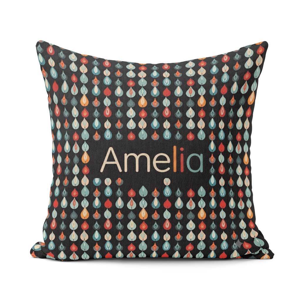 Custom Name Colorful Leaf Drops Dark Background Seamless Pattern Square Filled Cushion Throw Pillow Sofa Bed Home Decor Zip Washable UK Made