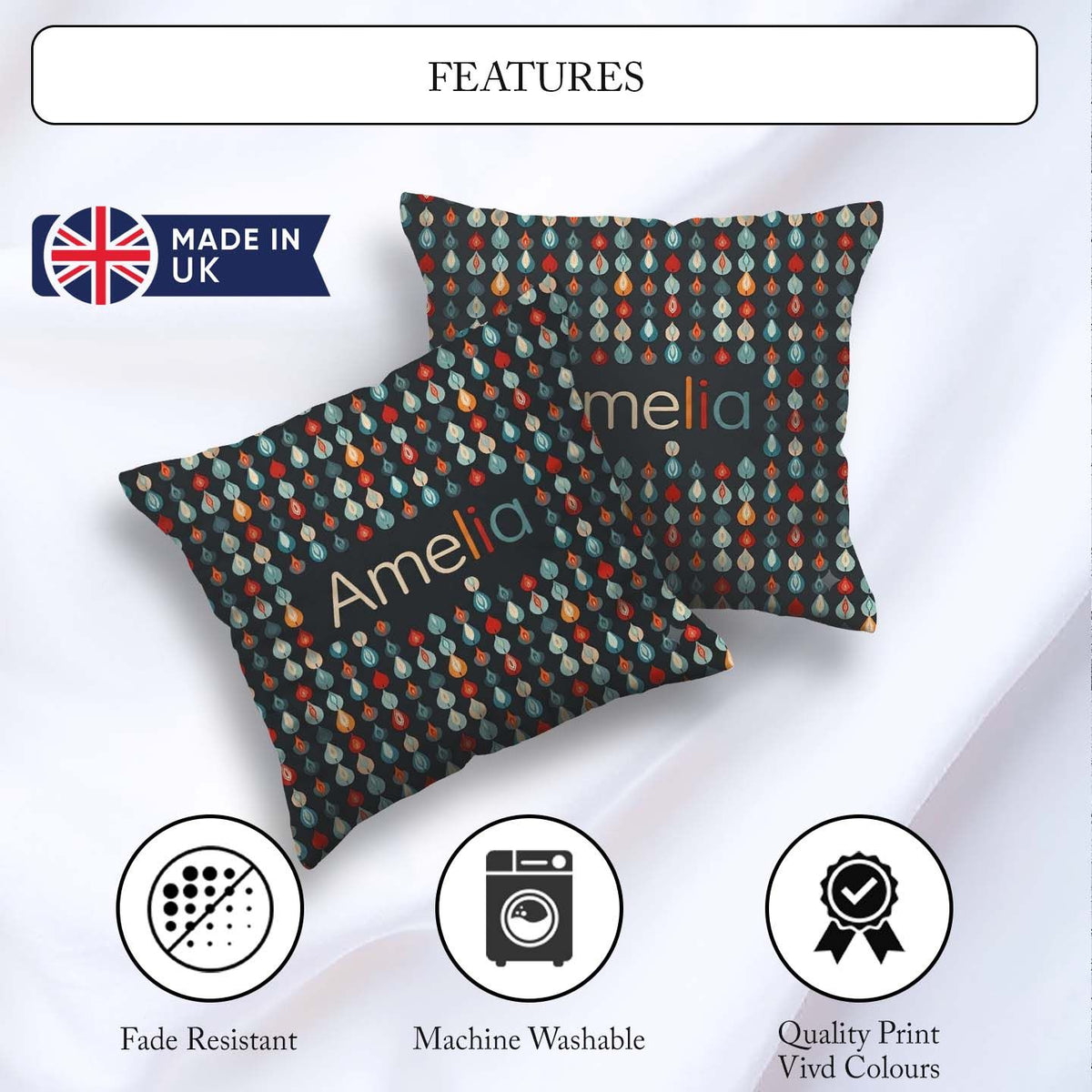 Custom Name Colorful Leaf Drops Dark Background Seamless Pattern Square Filled Cushion Throw Pillow Sofa Bed Home Decor Zip Washable UK Made