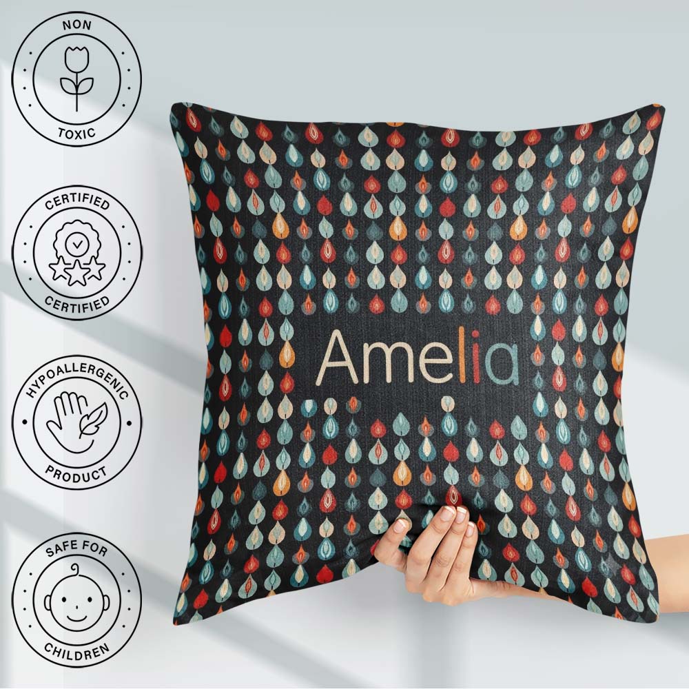 Custom Name Colorful Leaf Drops Dark Background Seamless Pattern Square Filled Cushion Throw Pillow Sofa Bed Home Decor Zip Washable UK Made