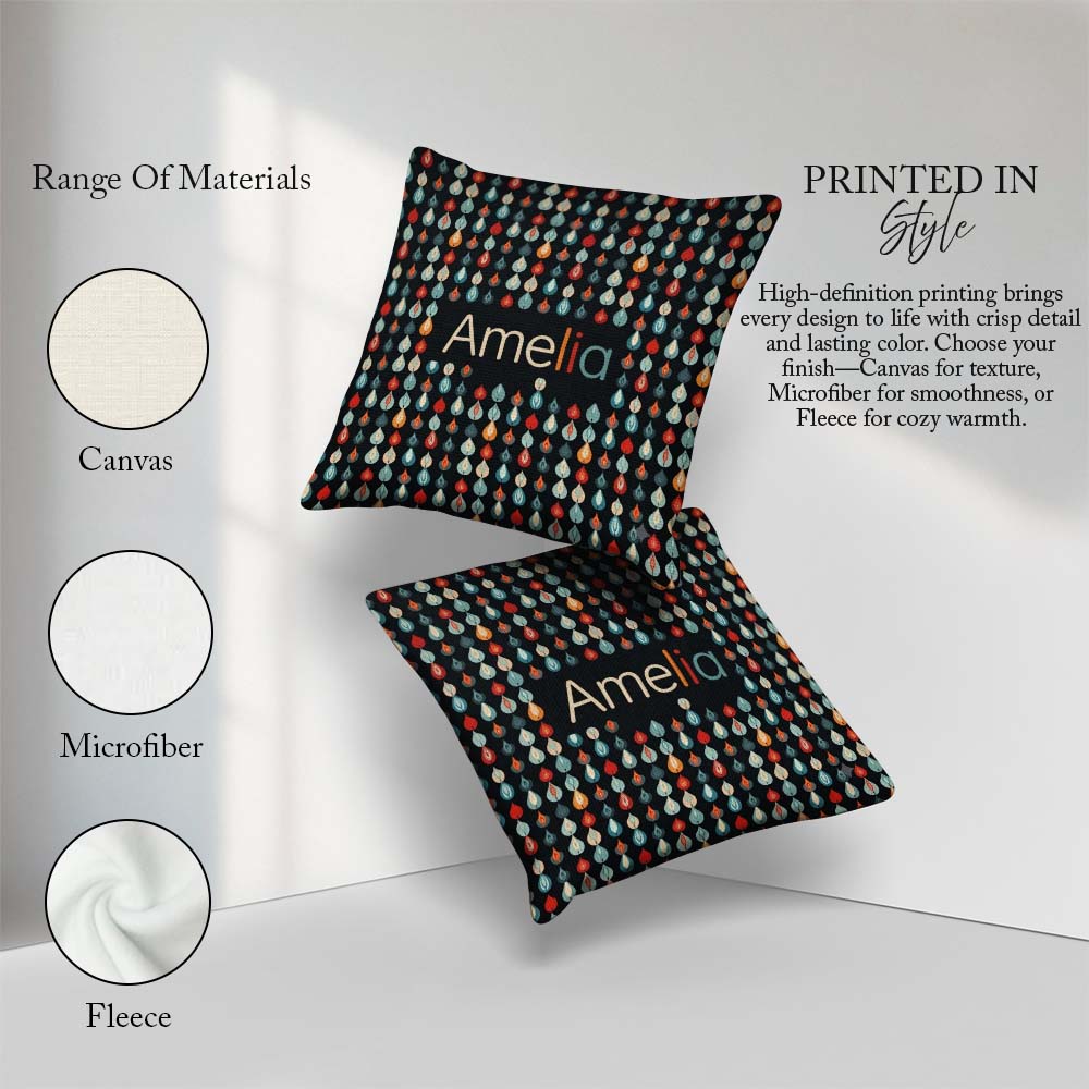 Custom Name Colorful Leaf Drops Dark Background Seamless Pattern Square Filled Cushion Throw Pillow Sofa Bed Home Decor Zip Washable UK Made