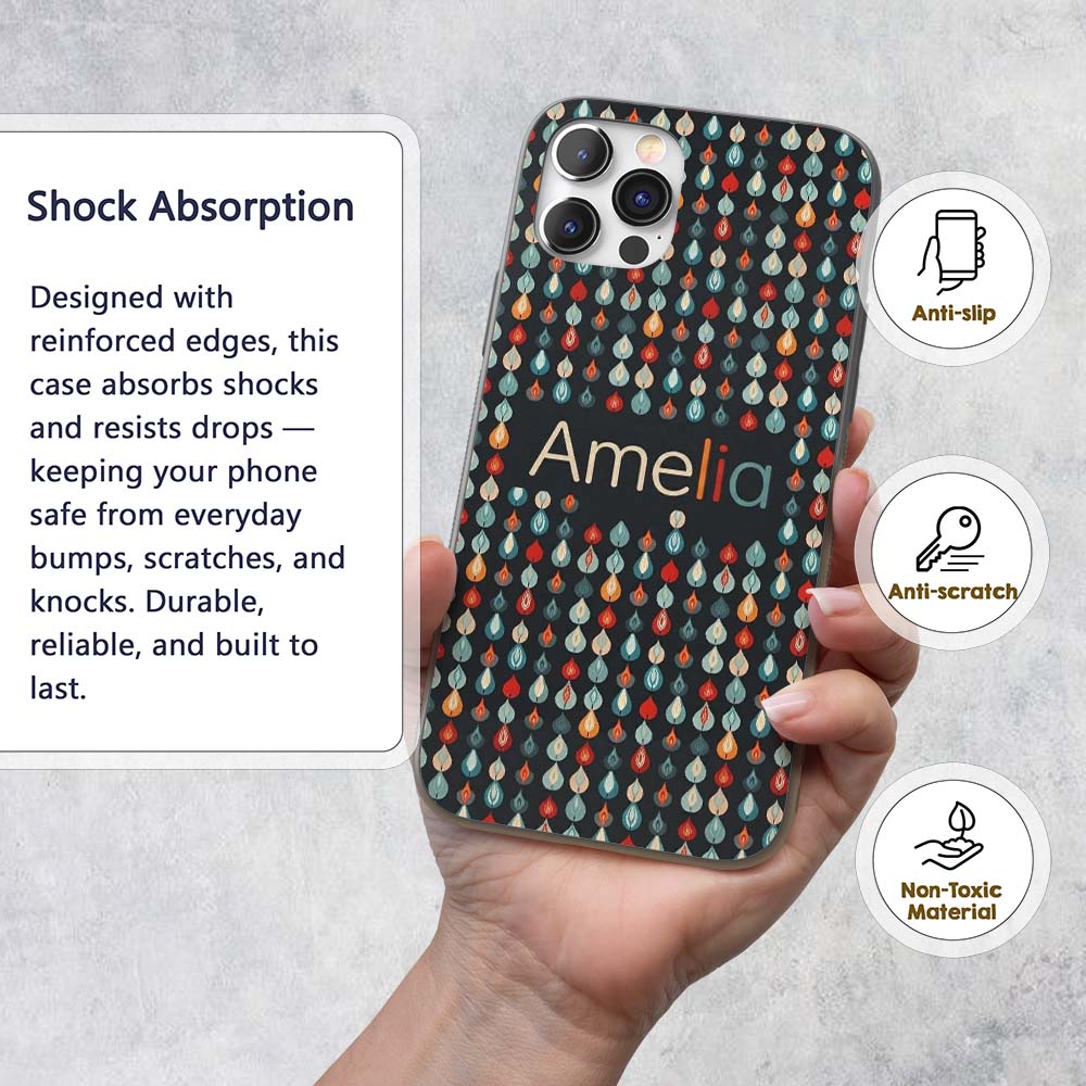 Colorful Leaf Drops Geometric Dark Background Custom Name Protective Phone Case Mobile Cover Durable Everyday Smartphone Shock Resistant