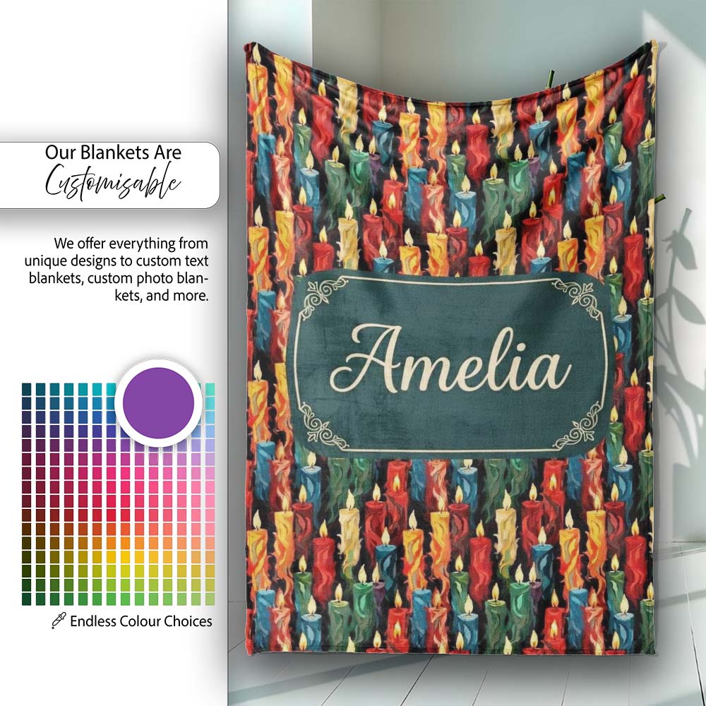 Vibrant Multicolor Dripping Wax Candles Dark Seamless Pattern Name Personalised Custom Name Super Soft Fleece Blanket Bed Sofa Throw