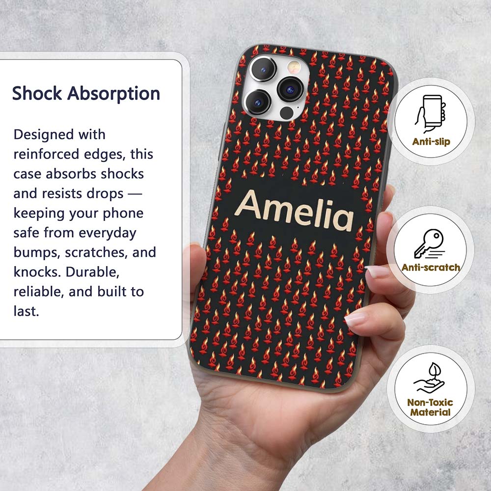 Minimal Red Flame on Dark Background Seamless Custom Name Protective Phone Case Mobile Cover Durable Everyday Smartphone Shock Resistant
