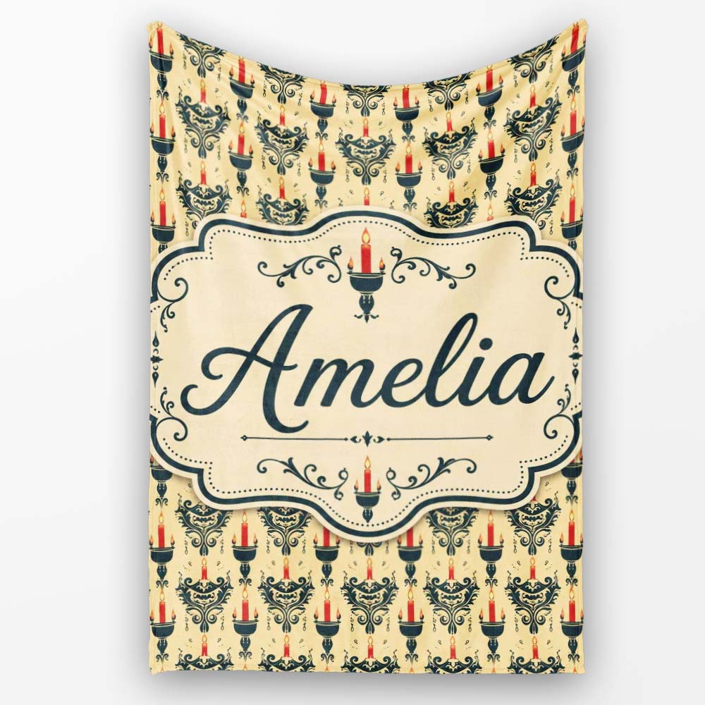 Vintage Ornate Candle Holders and Flames Beige Seamless Pattern Personalised Custom Name Super Soft Fleece Blanket Bed Sofa Throw