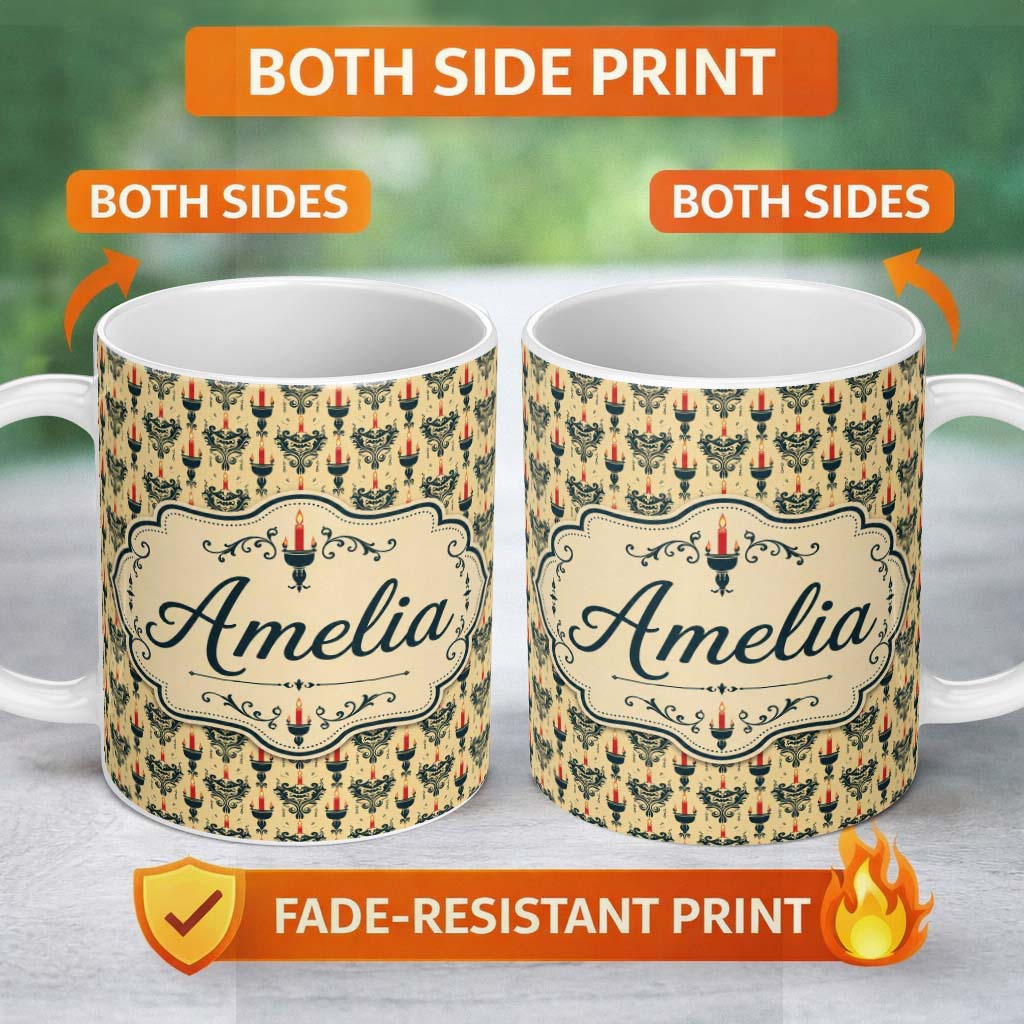 Personalized Custom Name Vintage Ornate Candle Holders and Flames Beige Seamless Pattern 11oz Ceramic Coffee Tea Mug White Large Handle