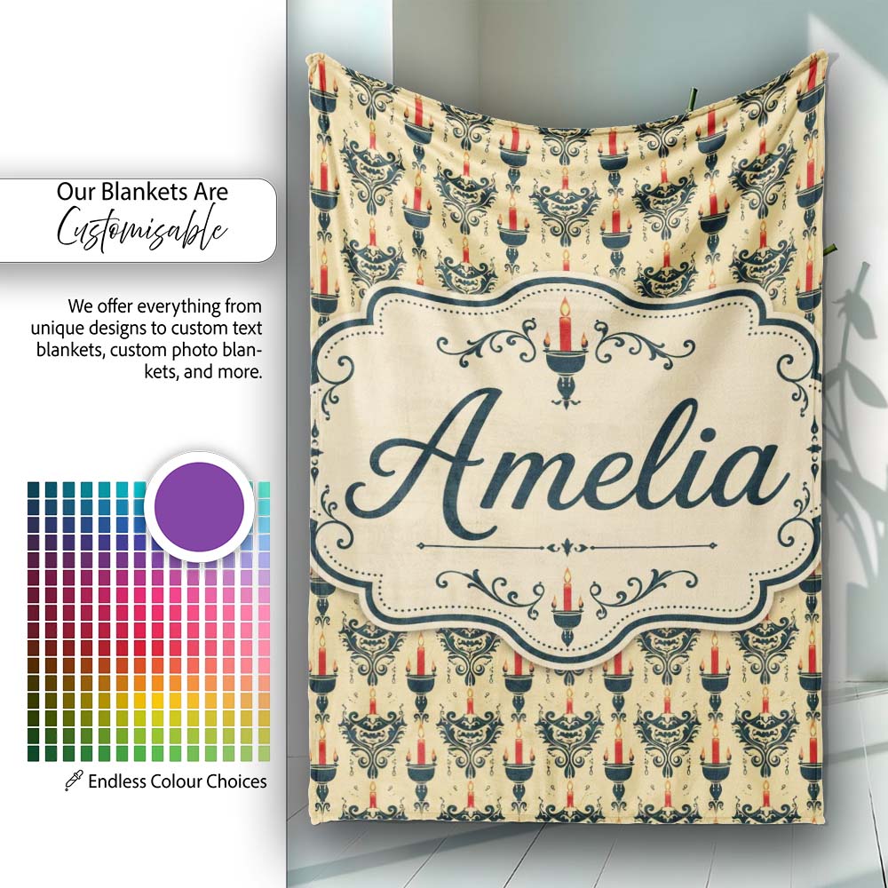 Vintage Ornate Candle Holders and Flames Beige Seamless Pattern Personalised Custom Name Super Soft Fleece Blanket Bed Sofa Throw
