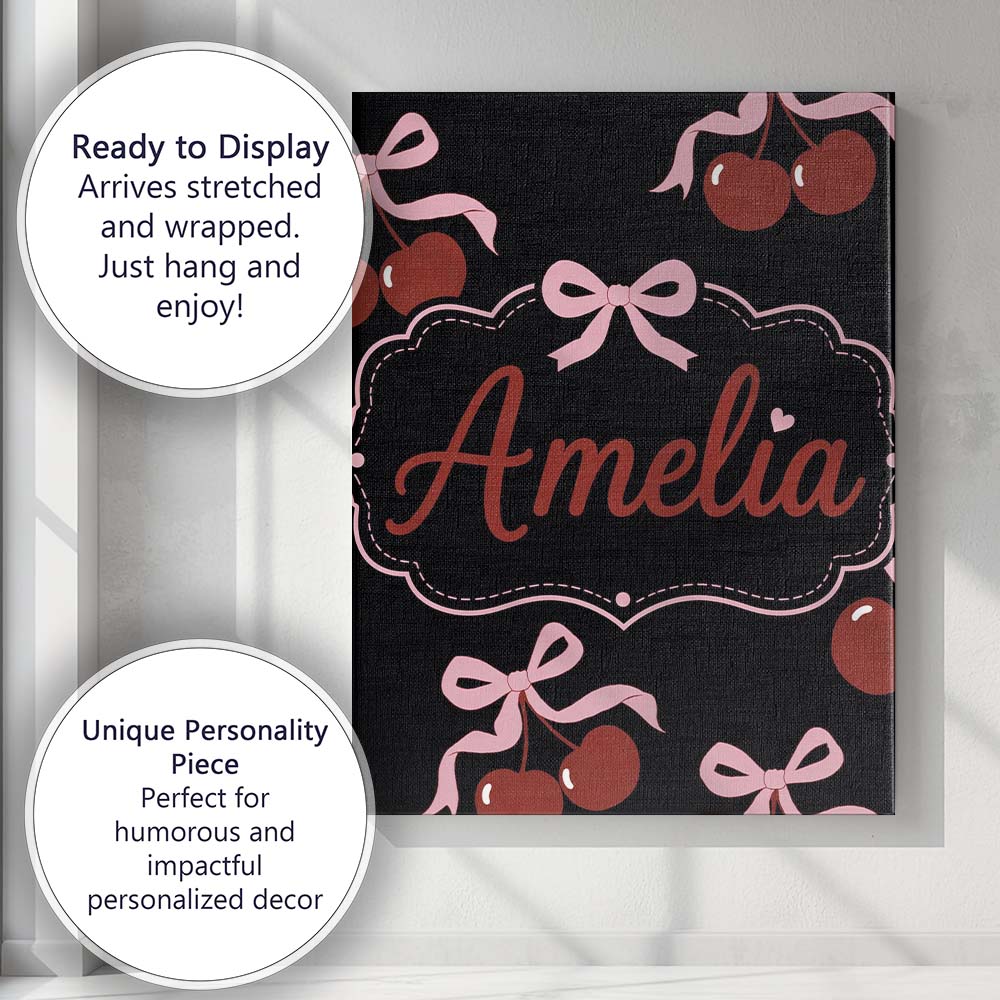Personalised Name Cherry Bow Ribbon Cute Minimal Black Background Custom Bespoke Canvas Wall Art Print Decor Picture Ready to Hang
