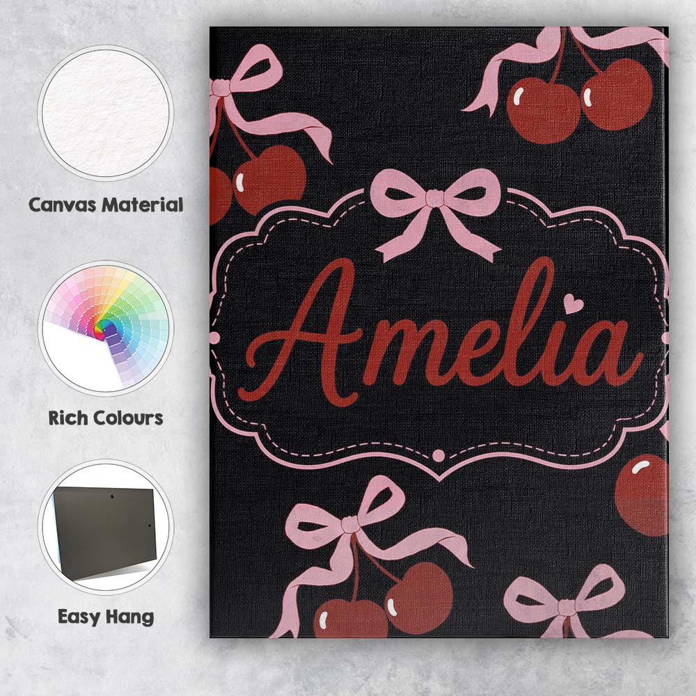 Personalised Name Cherry Bow Ribbon Cute Minimal Black Background Custom Bespoke Canvas Wall Art Print Decor Picture Ready to Hang