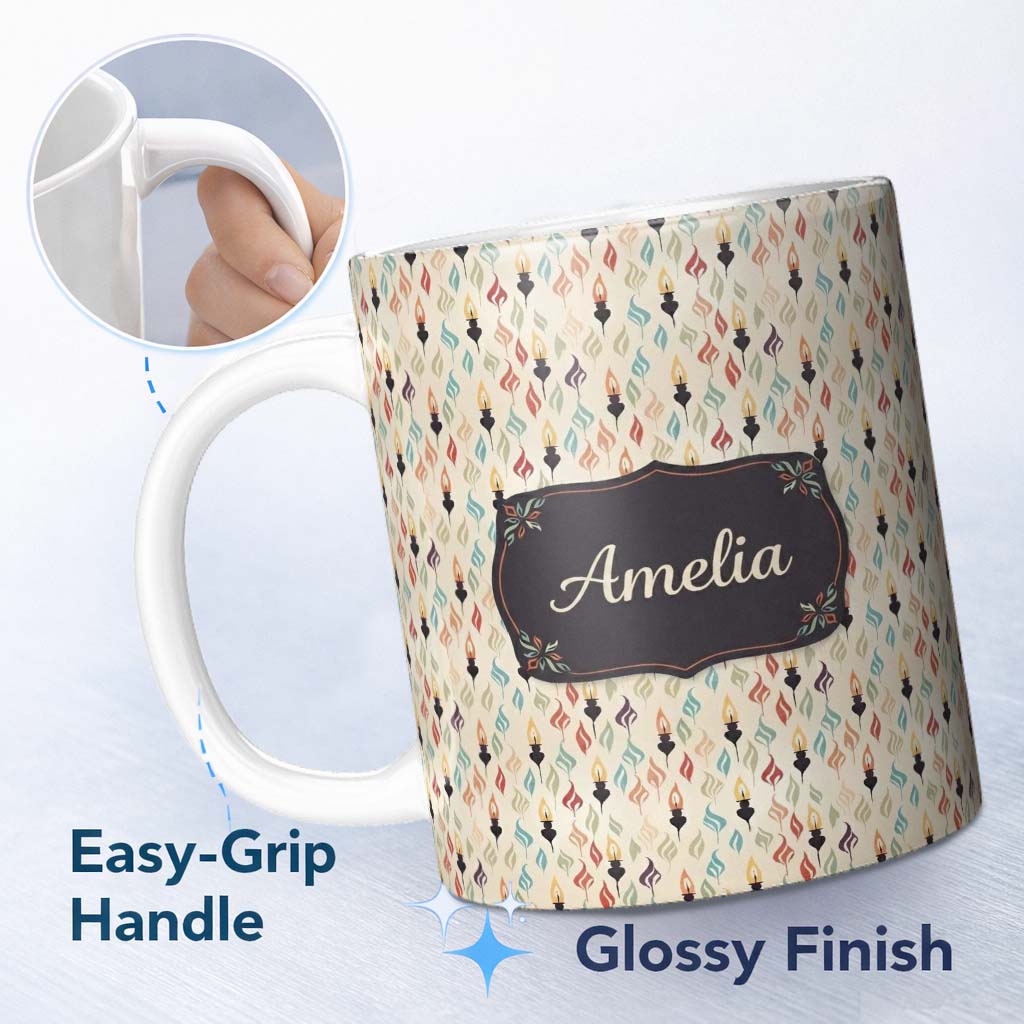 Personalized Custom Name Flame Shapes with Candle Silhouettes Light Seamless Pattern Name 11oz Ceramic Coffee Tea Mug White Large Handle