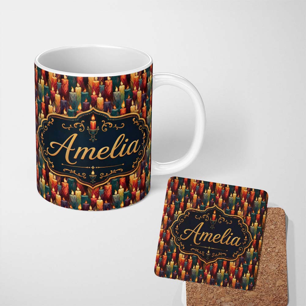 Personalized Custom Name Vibrant Melted Wax Multicolor Candles Dark Seamless Pattern Name 11oz Ceramic Coffee Tea Mug White Large Handle