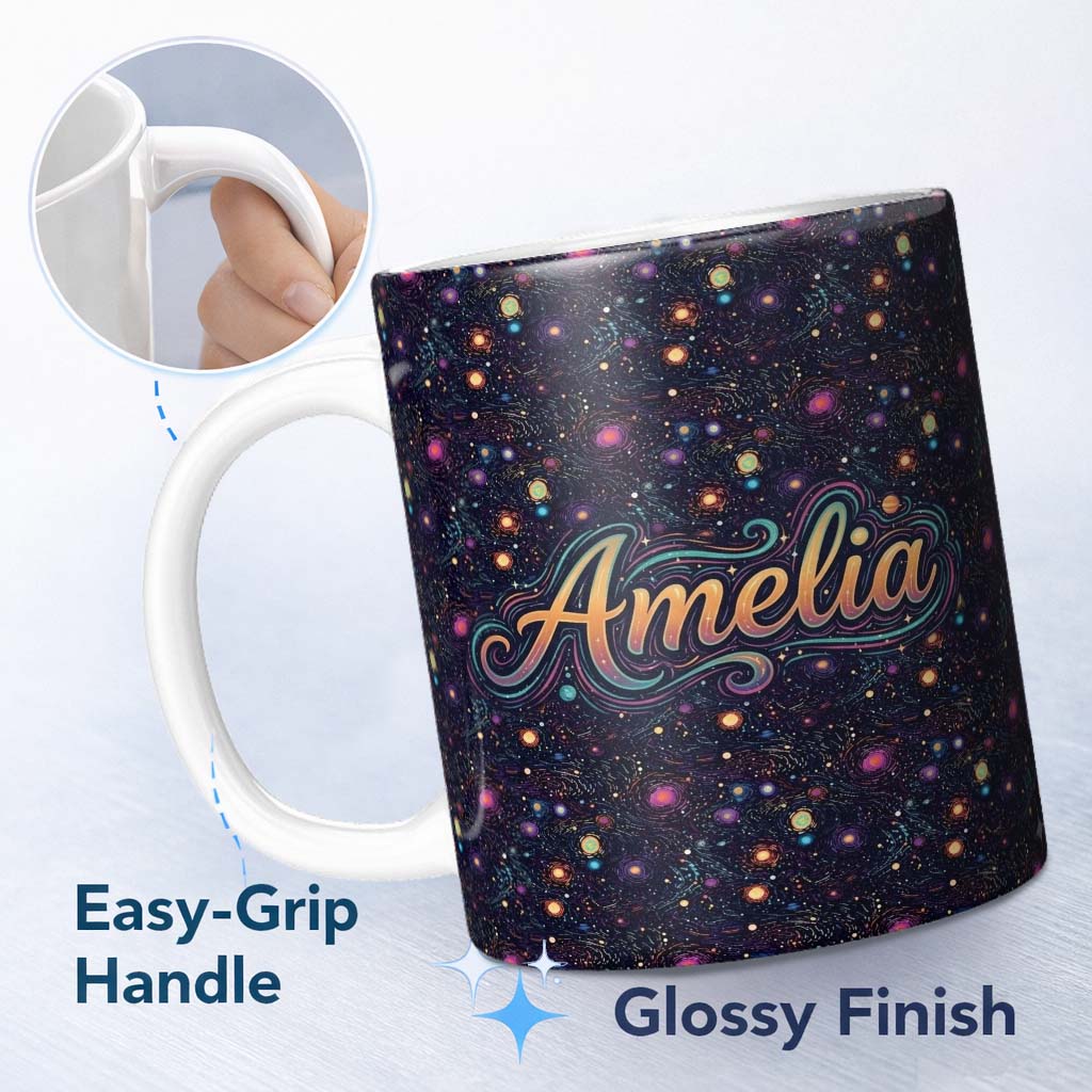 Personalized Custom Name Neon Galaxy Swirl Dots Cosmic Space Seamless Pattern Night Sky 11oz Ceramic Coffee Tea Mug White Large Handle