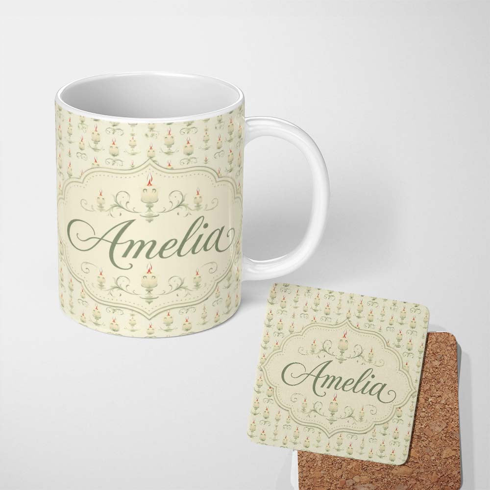 Personalized Custom Name Soft Vintage Candle Holders with Light Glow Seamless Pattern Name 11oz Ceramic Coffee Tea Mug White Large Handle