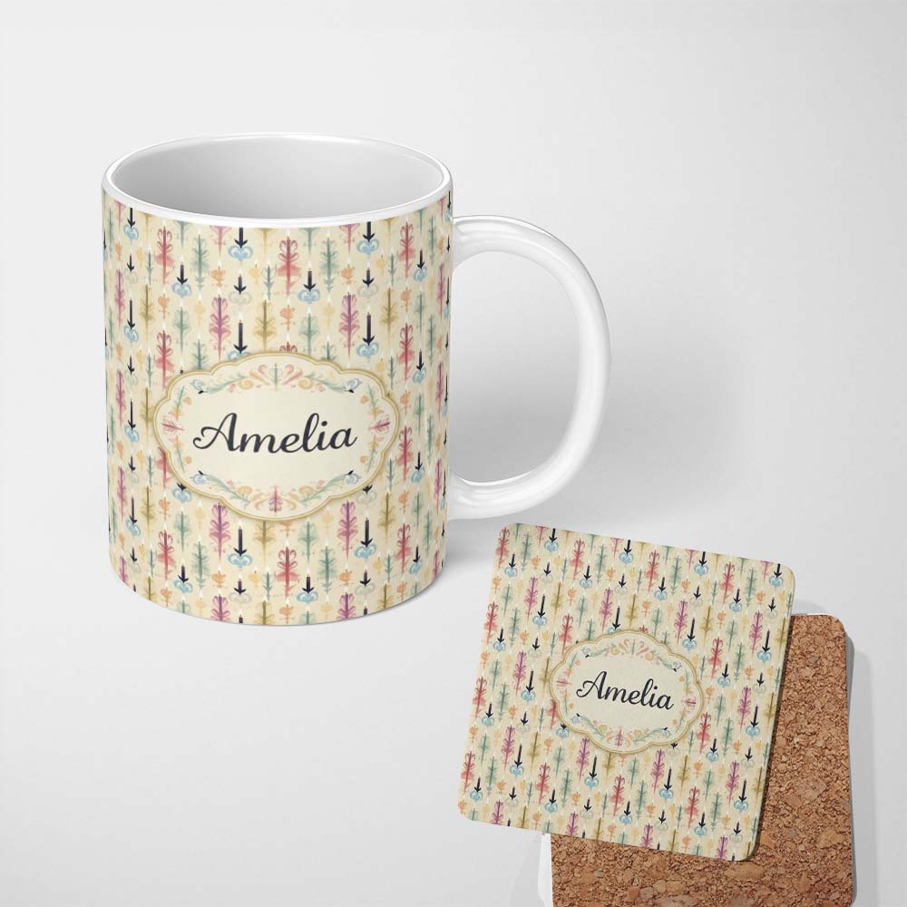 Personalized Custom Name Pastel Decorative Candle and Floral Motif Seamless Pattern Name Cute 11oz Ceramic Coffee Tea Mug White Large Handle