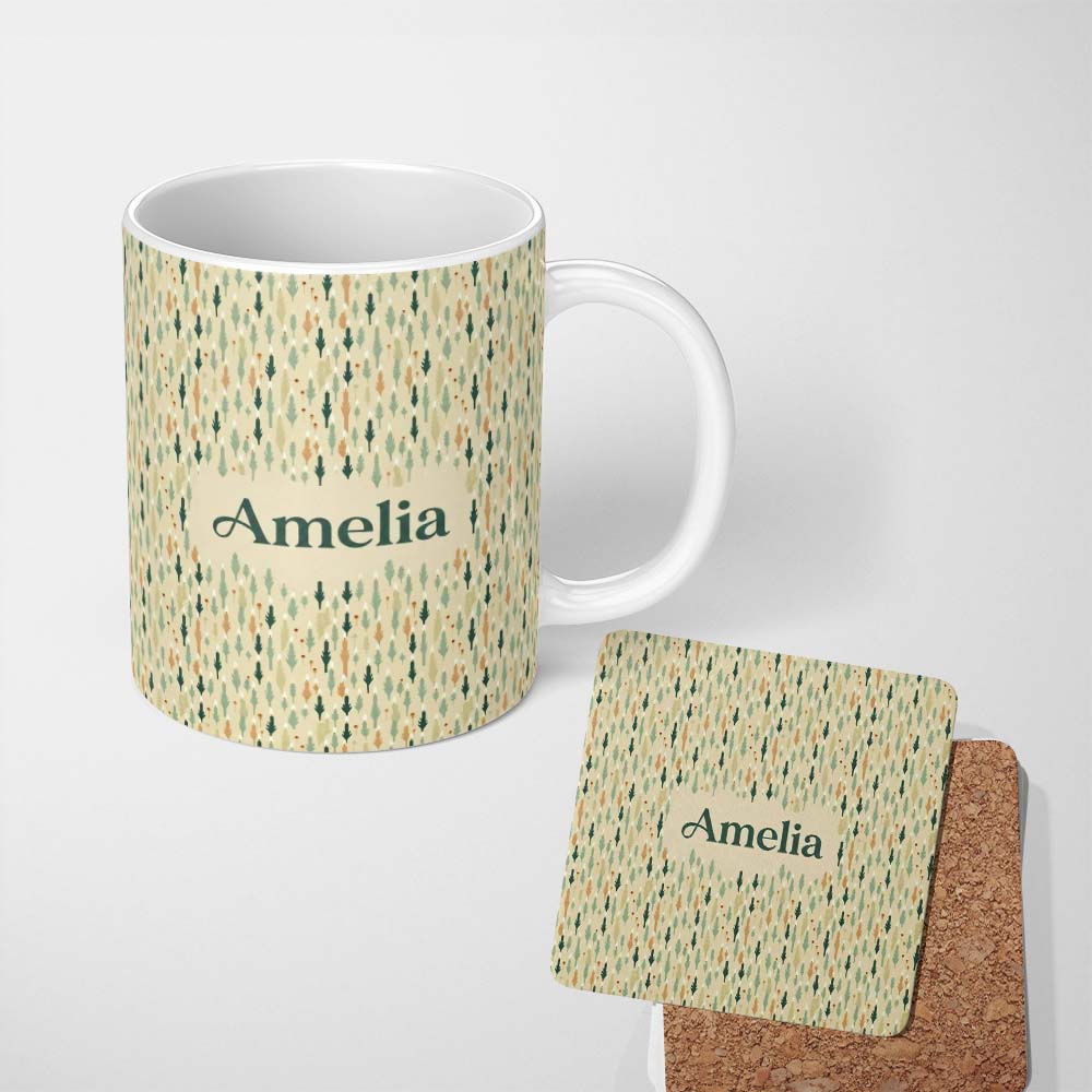 Personalized Custom Name Abstract Leaf Shapes with Candle Lights Soft Neutral Seamless 11oz Ceramic Coffee Tea Mug White Large Handle