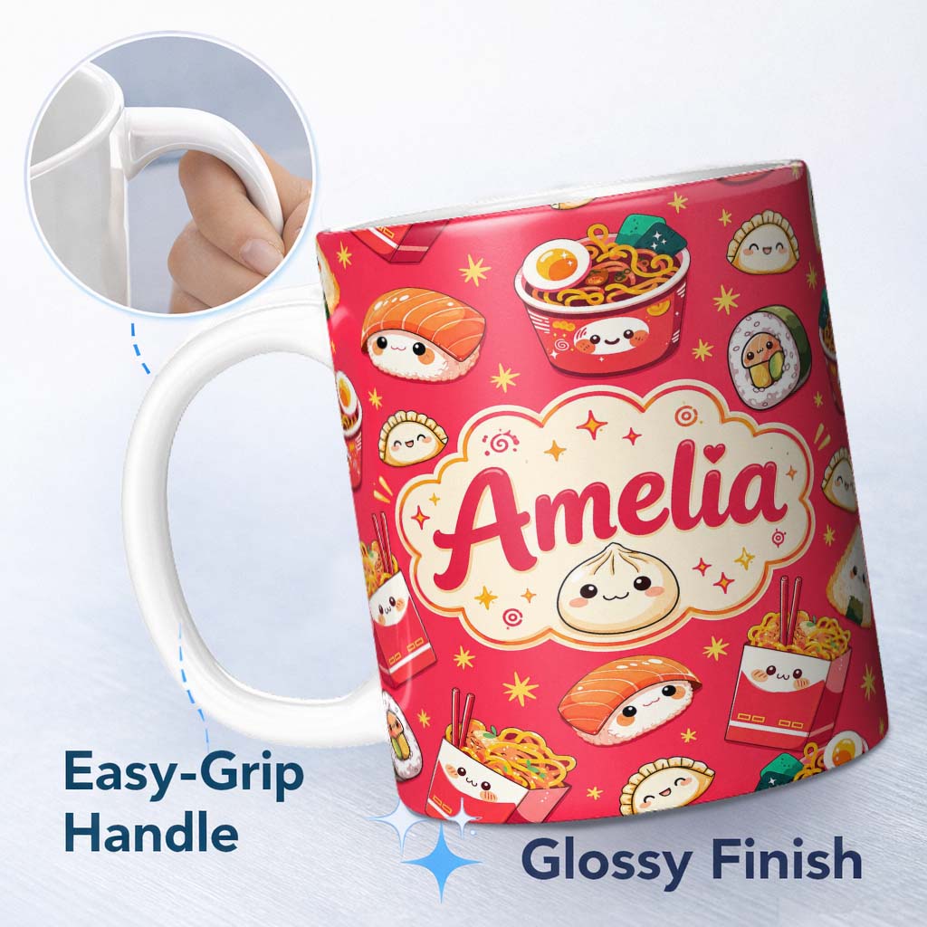 Personalized Custom Name Cute Kawaii Sushi Ramen Dumpling Food Red Background Seamless 11oz Ceramic Coffee Tea Mug White Large Handle